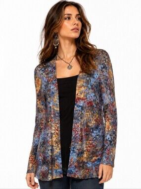 Silk Blend Watercolor Print Open Front Cardigan Pointelle Knit Medium